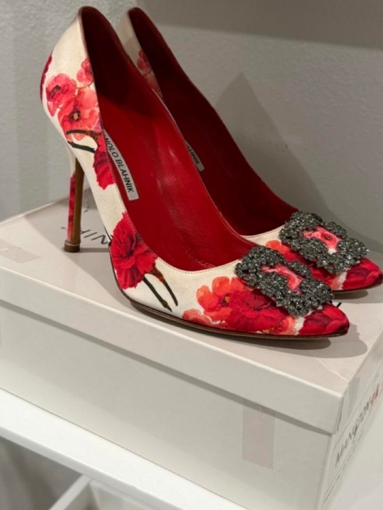 Manolo Blahnik Shoes - Manolo Blahnik Red and White Floral Satin Crystal Buckle Pumps